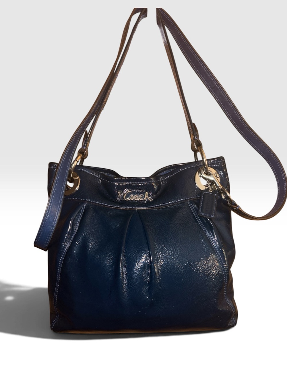 Coach Ashley F17953 Patent Navy Leather Pleated Shoulder Bag with Double Straps
